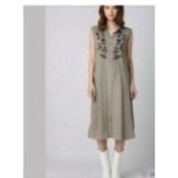 TERRE BLEUE Sleeveless Floral Embroidered Lyocell Shirt Dress Gray Size Large - Picture 2 of 13